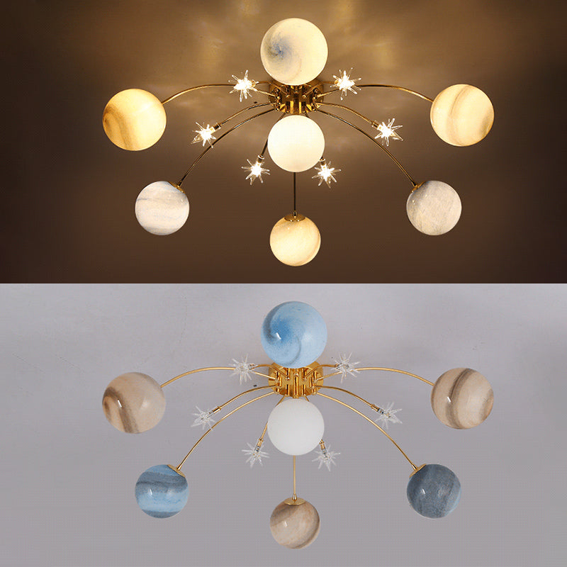 Plafonnier radial artistique moderne en fer forgé avec abat-jour en verre coloré