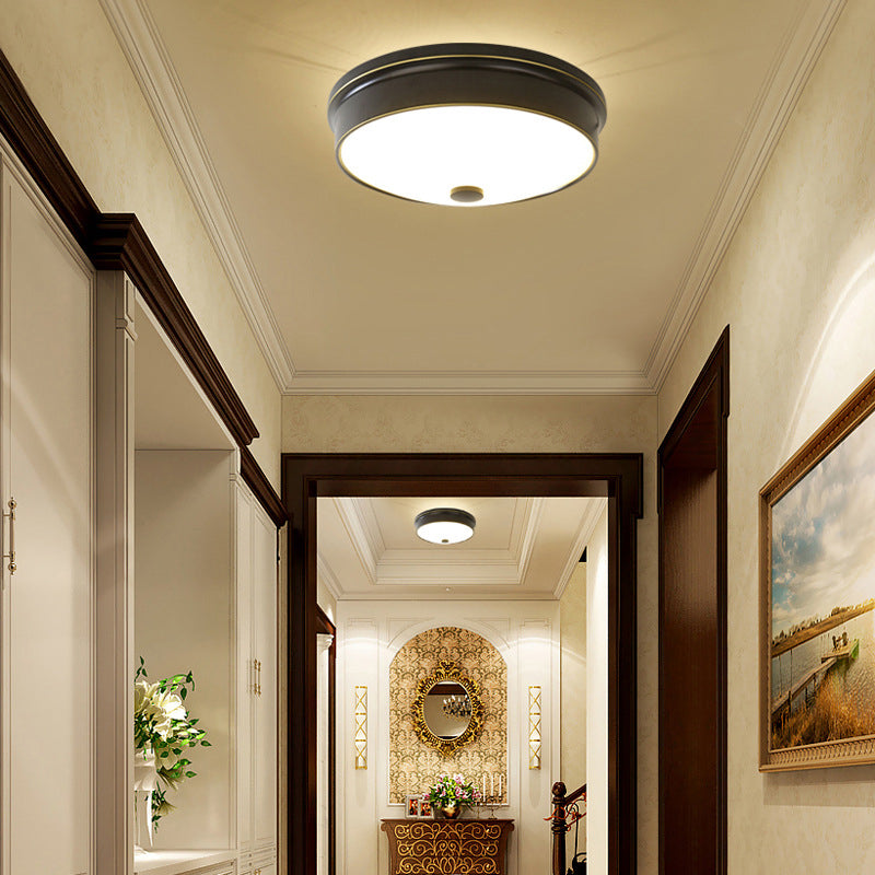 Plafonnier LED de luxe traditionnel en fer forgé, montage encastré circulaire avec abat-jour en verre