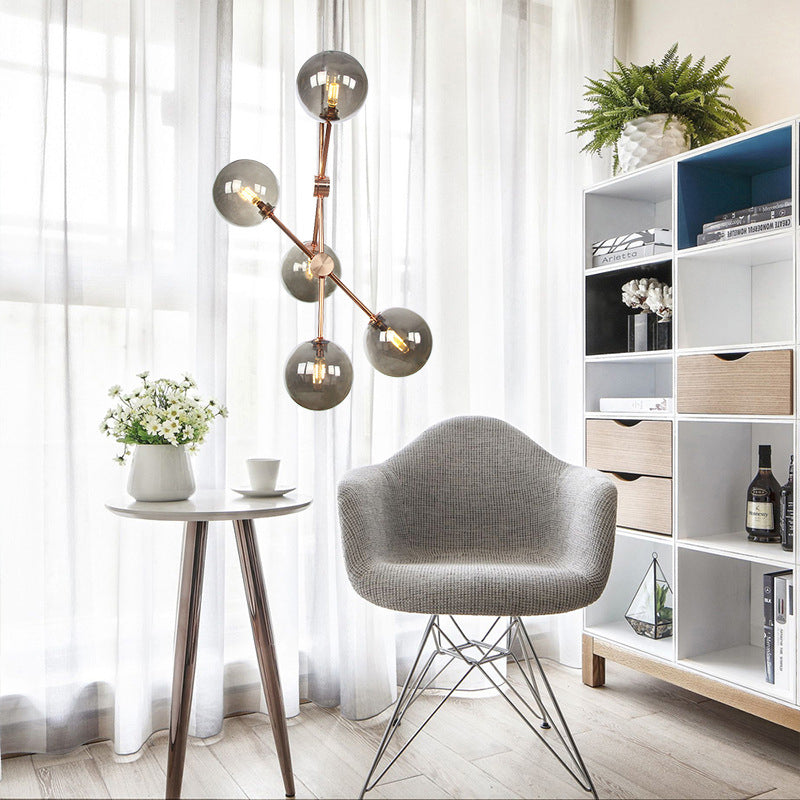 Lampe de plafond suspendue moderniste Amber / fumée de verre gris 5 bulbes de salon LED Chandelier