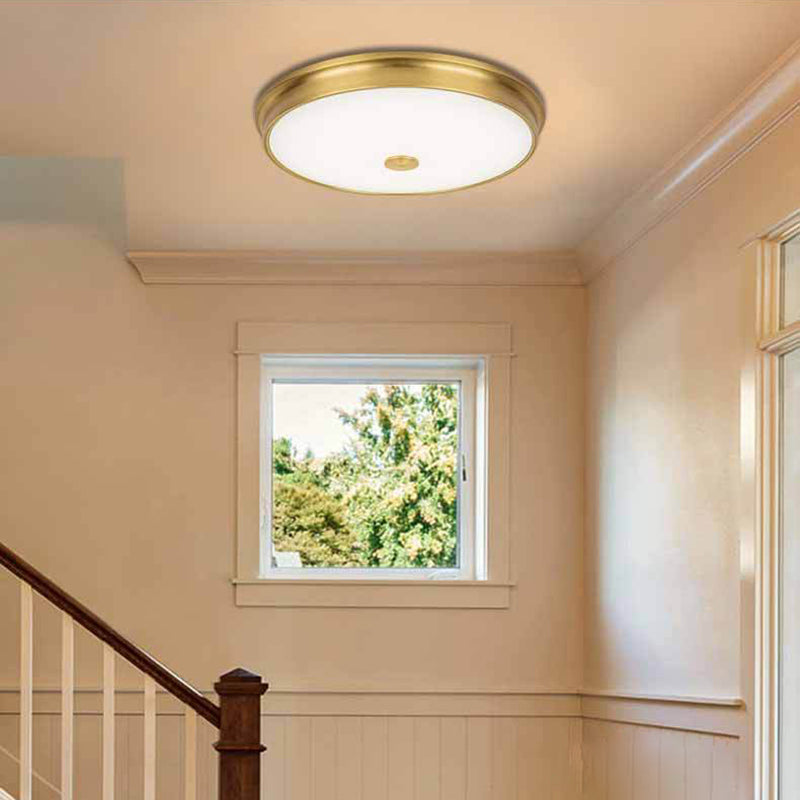 Plafonnier LED de luxe traditionnel en fer forgé, montage encastré circulaire avec abat-jour en verre