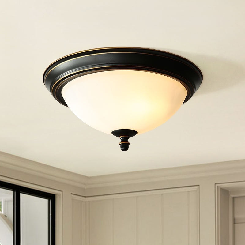 Black Bowl Ceiling Light in Traditional Classic Style Wrought Iron Flush Mount with Glass Shade