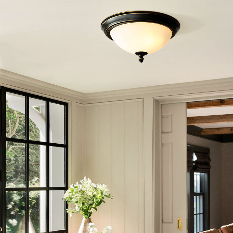 Black Bowl Ceiling Light in Traditional Classic Style Wrought Iron Flush Mount with Glass Shade