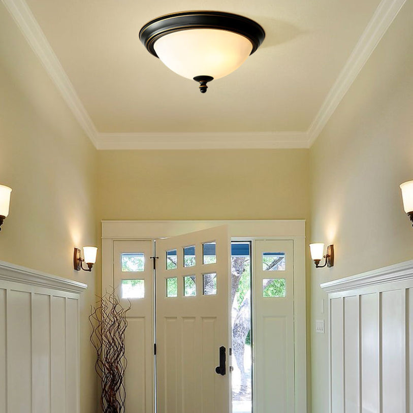 Black Bowl Ceiling Light in Traditional Classic Style Wrought Iron Flush Mount with Glass Shade