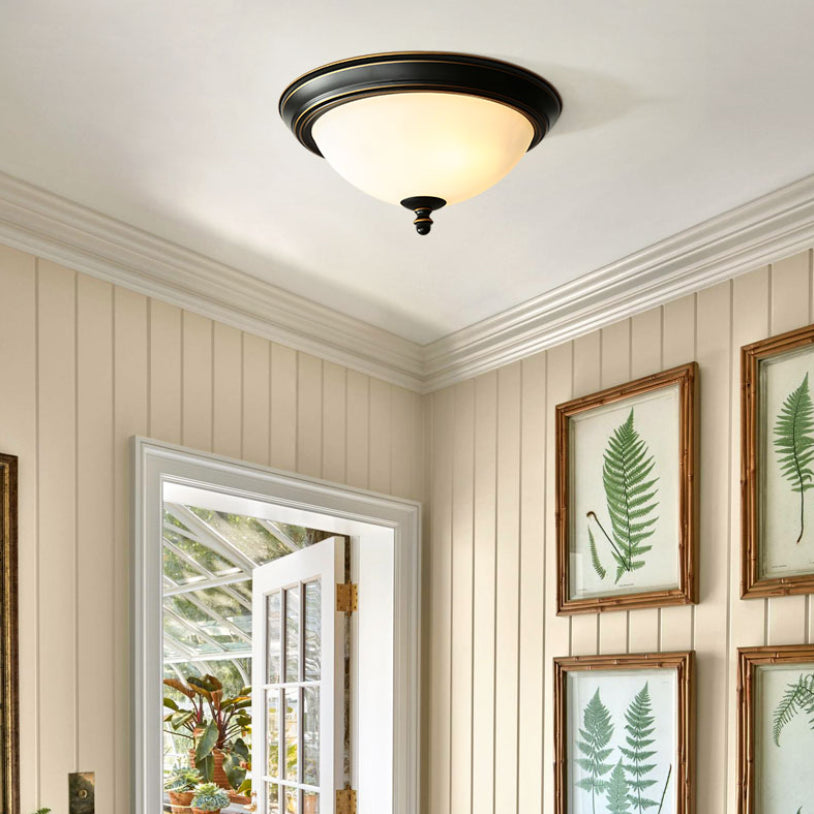 Black Bowl Ceiling Light in Traditional Classic Style Wrought Iron Flush Mount with Glass Shade