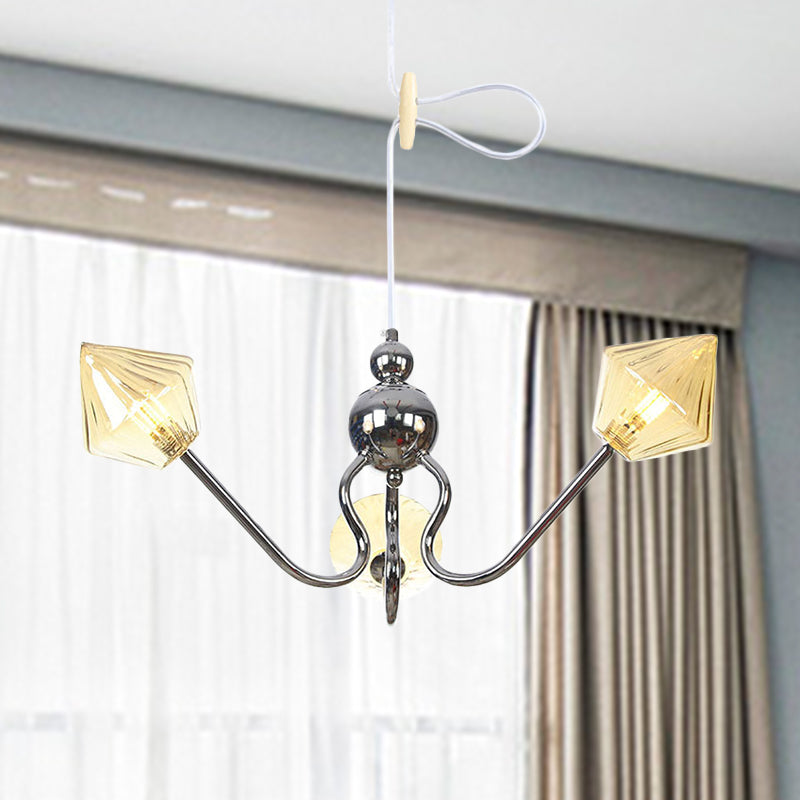 Diamond Amber Glass Hanging Chandelier Contemporary 3 Lights Chrome LED Ceiling Pendant Lamp