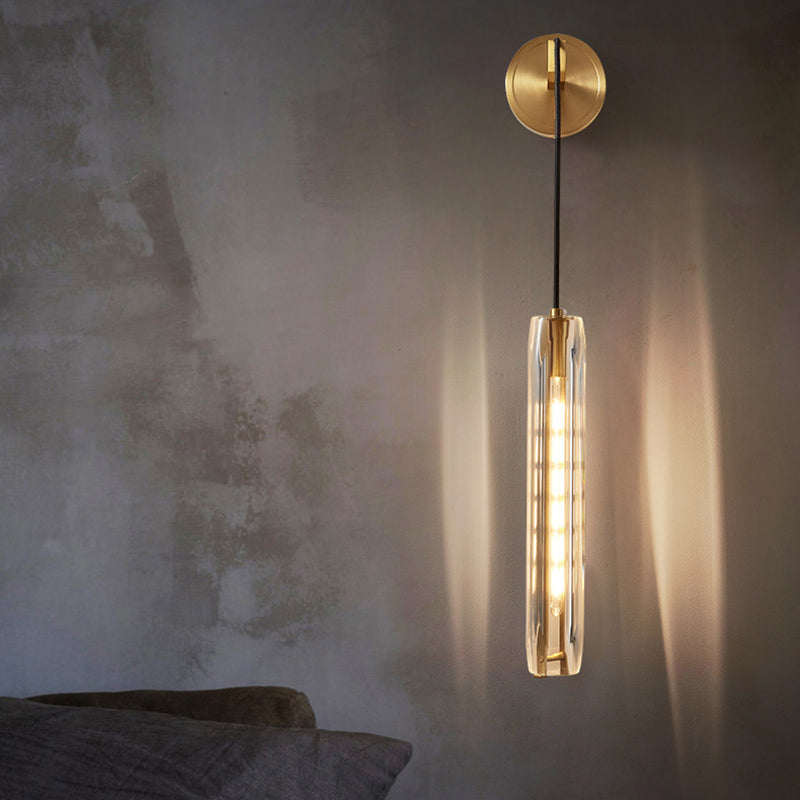 Modern Luxury Single Hanging Wall Lamp Copper Cylindroid Wall Light with Crystal Shade