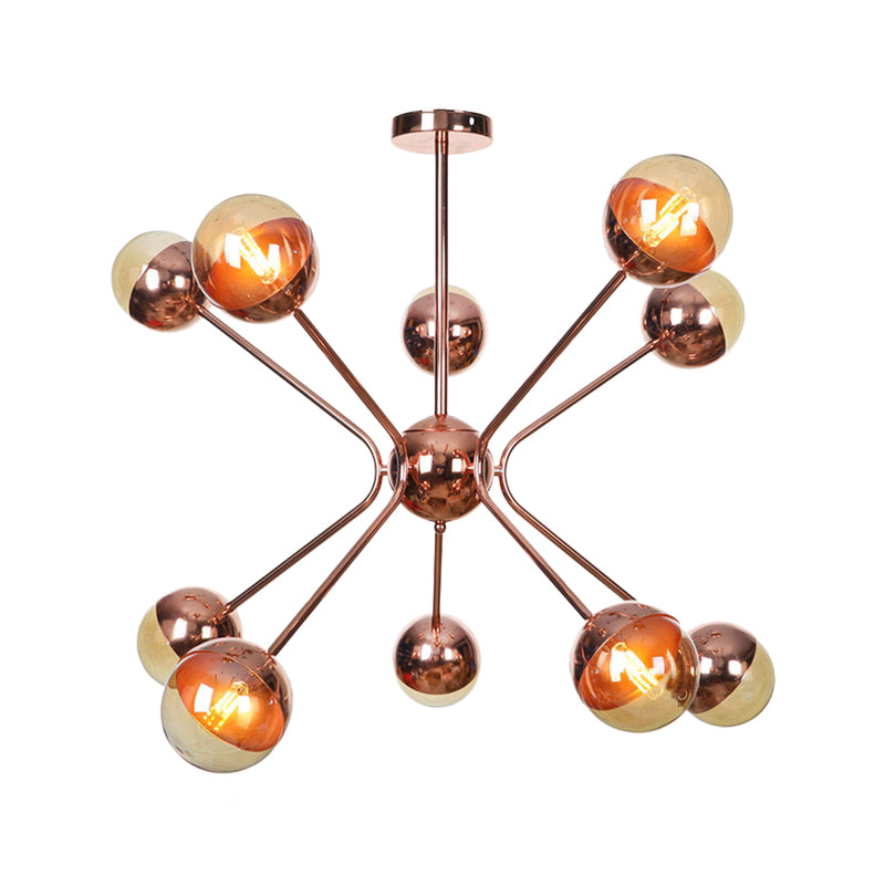 Moderniste 12 têtes Chandelier Rose Gold Sphere plafond suspendu avec une teinte en verre ambre
