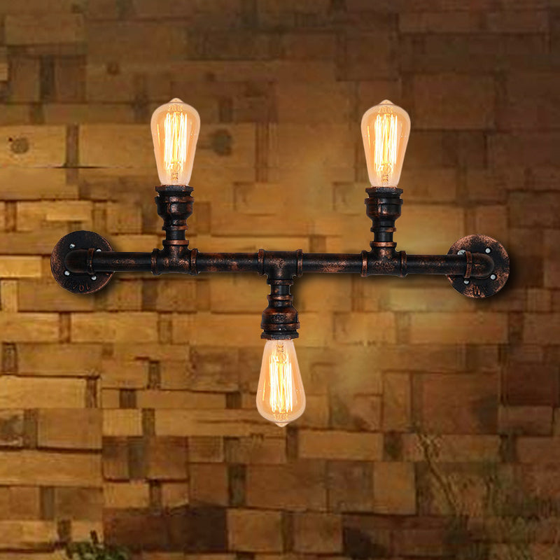 Metal Exposed Wall Light Fixture Industrial Style 3 Heads Weathered Copper Wall Sconce Lamp with Water Pipe