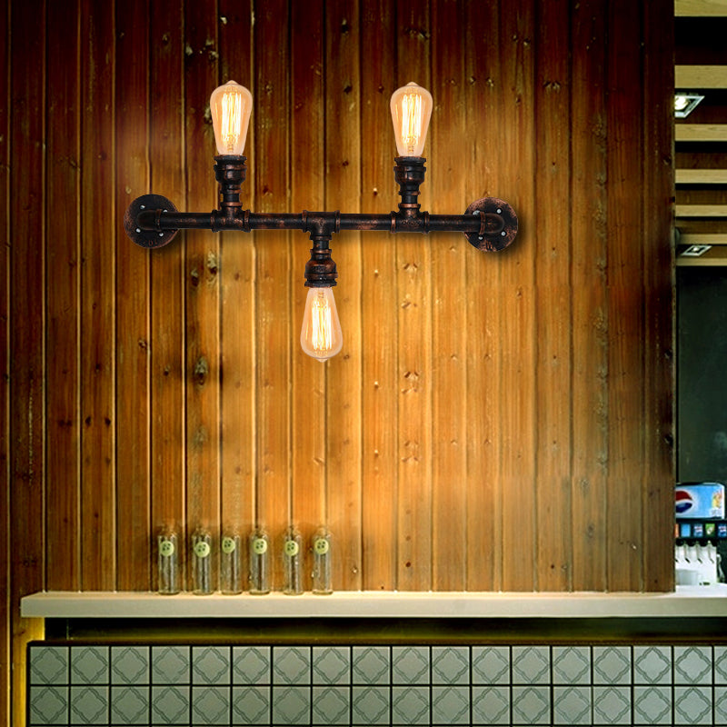 Metal Exposed Wall Light Fixture Industrial Style 3 Heads Weathered Copper Wall Sconce Lamp with Water Pipe