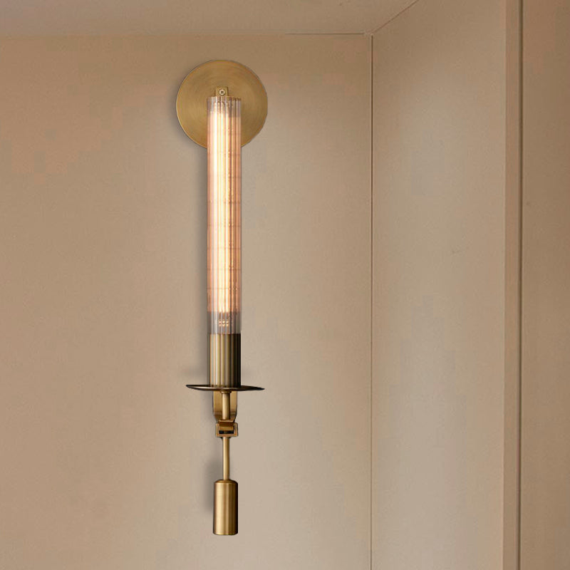 Traditional Cylindrical Wall Lamp Single Head Prismatic Glass LED Wall Mount Light Fixture in Brass for Bathroom