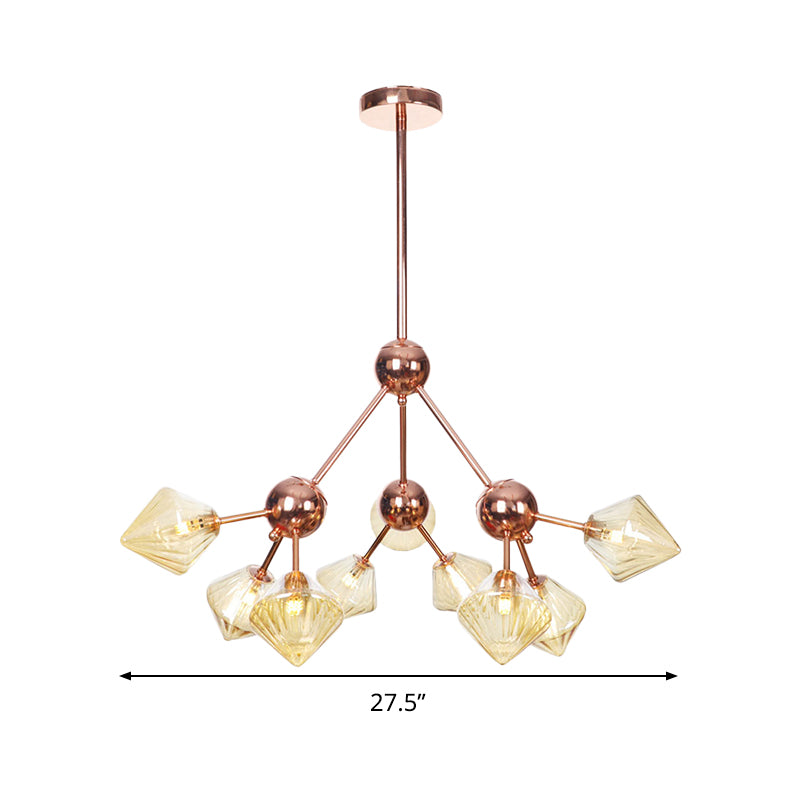 Amber Glass Diamond Hanging Chandelier Modernism 9 Bulbs Rose Gold Pendant Light Fixture