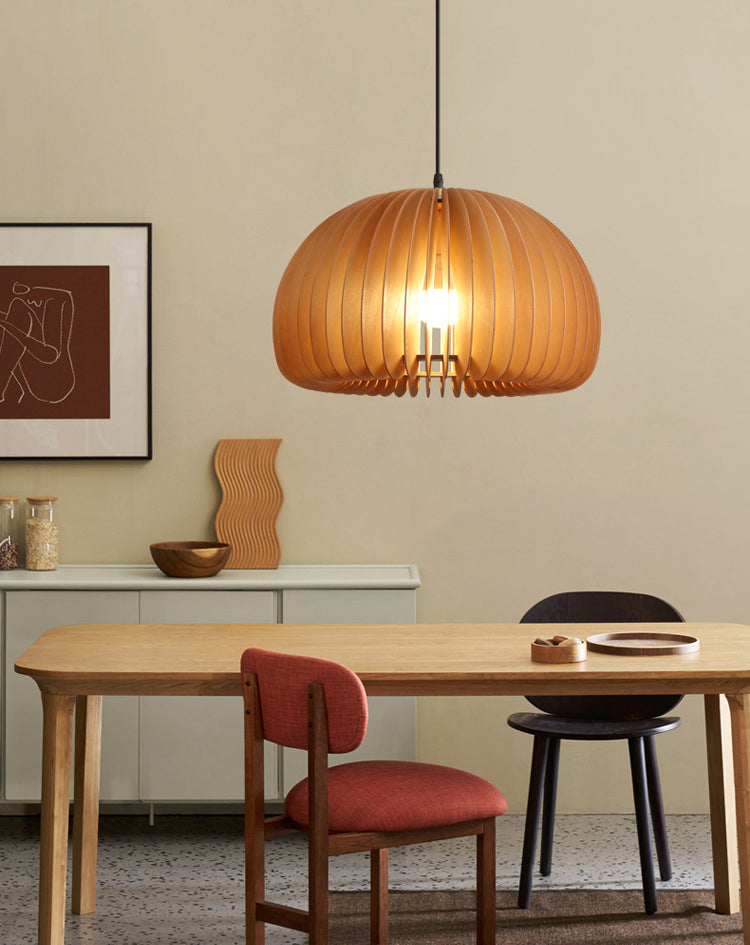 Pumpkin Ceiling Pendant Lamp Nordic Style Wood Dinning Room Suspension Pendant in Beige