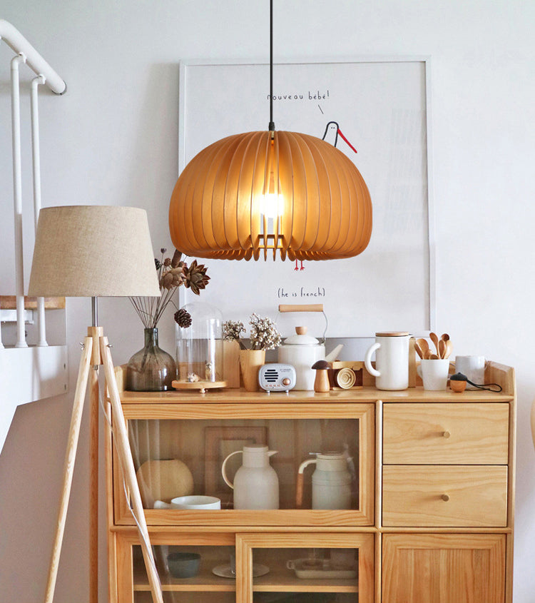 Pumpkin Ceiling Pendant Lamp Nordic Style Wood Dinning Room Suspension Pendant in Beige