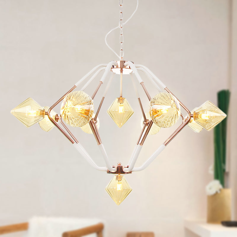 10 Lights Bedroom Chandelier Lighting Modern Rose Gold LED Hanging Ceiling Lamp with Diamond Amber Glass Shade