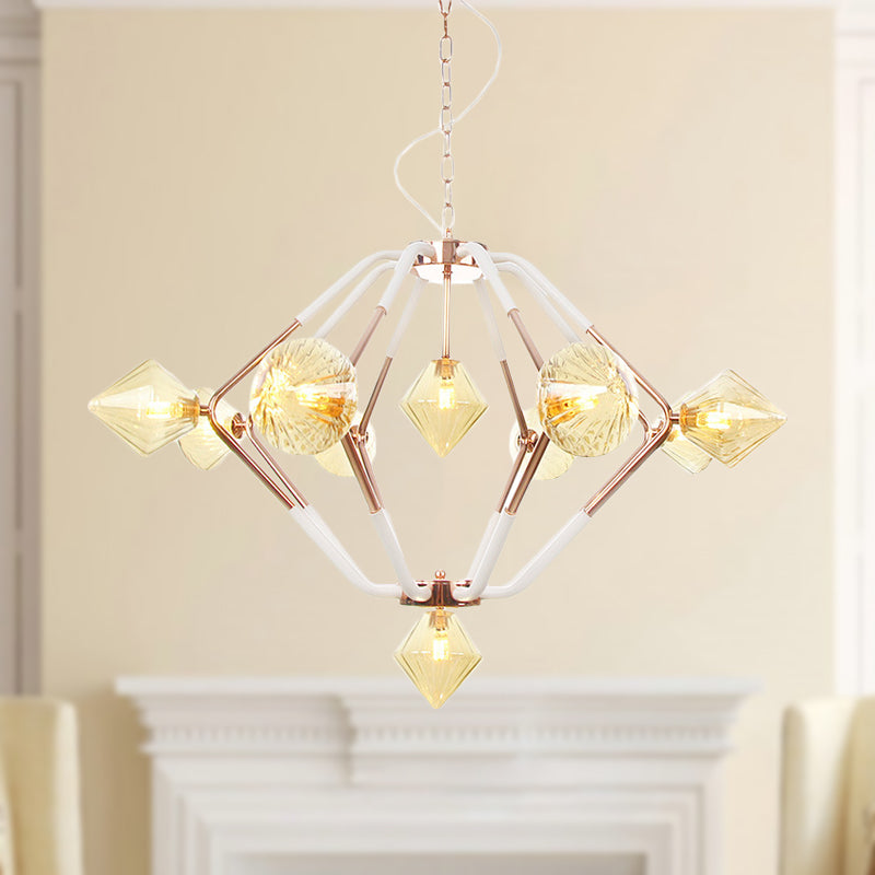 10 Lights Bedroom Chandelier Lighting Modern Rose Gold LED Hanging Ceiling Lamp with Diamond Amber Glass Shade