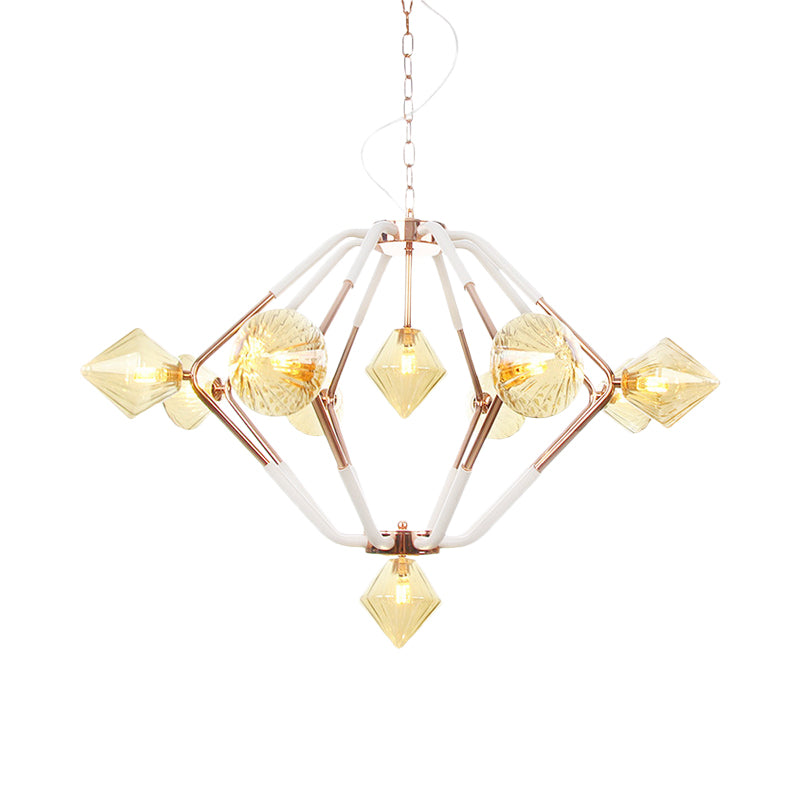 10 Lights Bedroom Chandelier Lighting Modern Rose Gold LED Hanging Ceiling Lamp with Diamond Amber Glass Shade