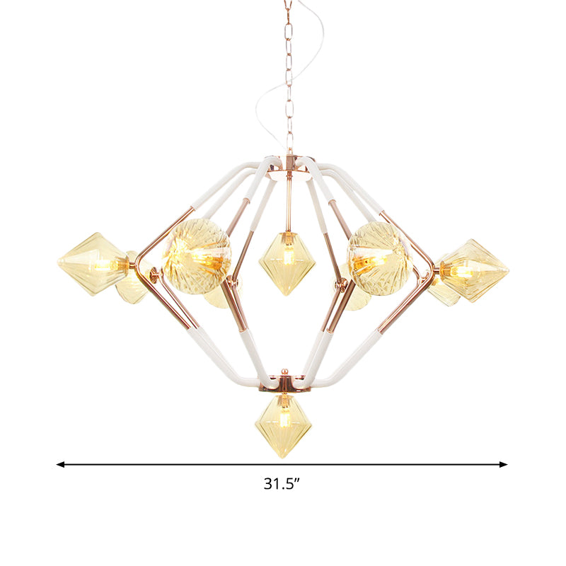 10 Lights Bedroom Chandelier Lighting Modern Rose Gold LED Hanging Ceiling Lamp with Diamond Amber Glass Shade