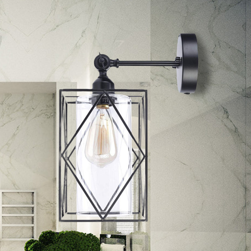 Black Caged Wall Lamp Industrial 1 Head Metal Wall Lighting with Inner Cylinder Clear Glass Shade, Direct Wired Electric/Plug In Electric