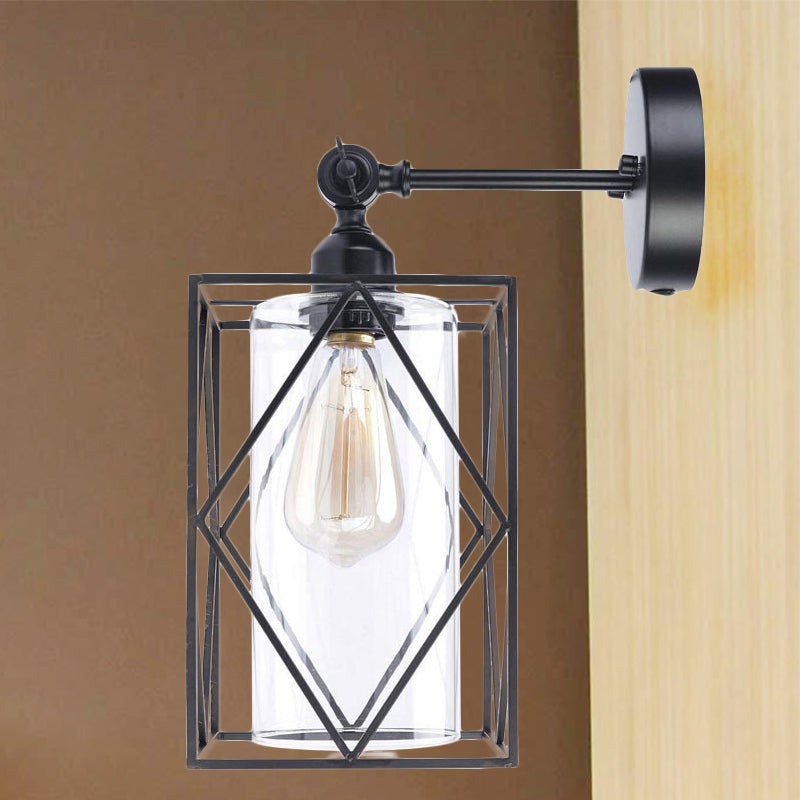 Black Caged Wall Lamp Industrial 1 Head Metal Wall Lighting with Inner Cylinder Clear Glass Shade, Direct Wired Electric/Plug In Electric
