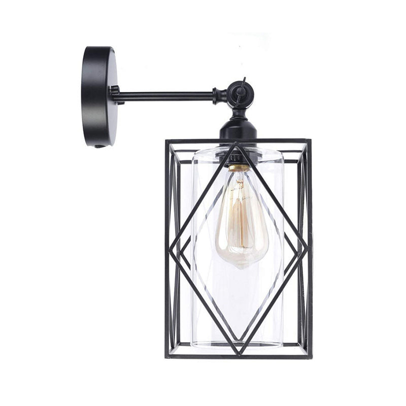 Black Caged Wall Lamp Industrial 1 Head Metal Wall Lighting with Inner Cylinder Clear Glass Shade, Direct Wired Electric/Plug In Electric