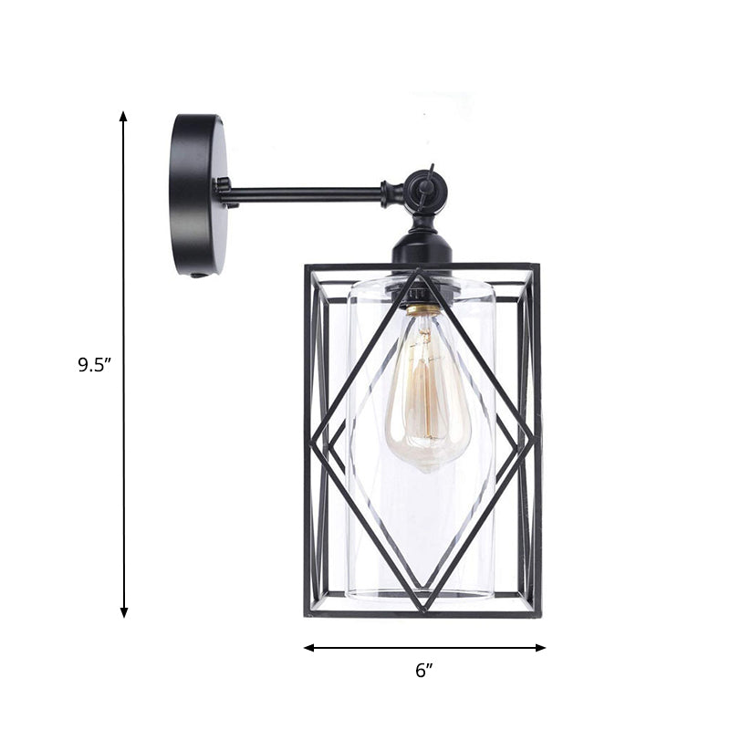 Black Caged Wall Lamp Industrial 1 Head Metal Wall Lighting with Inner Cylinder Clear Glass Shade, Direct Wired Electric/Plug In Electric