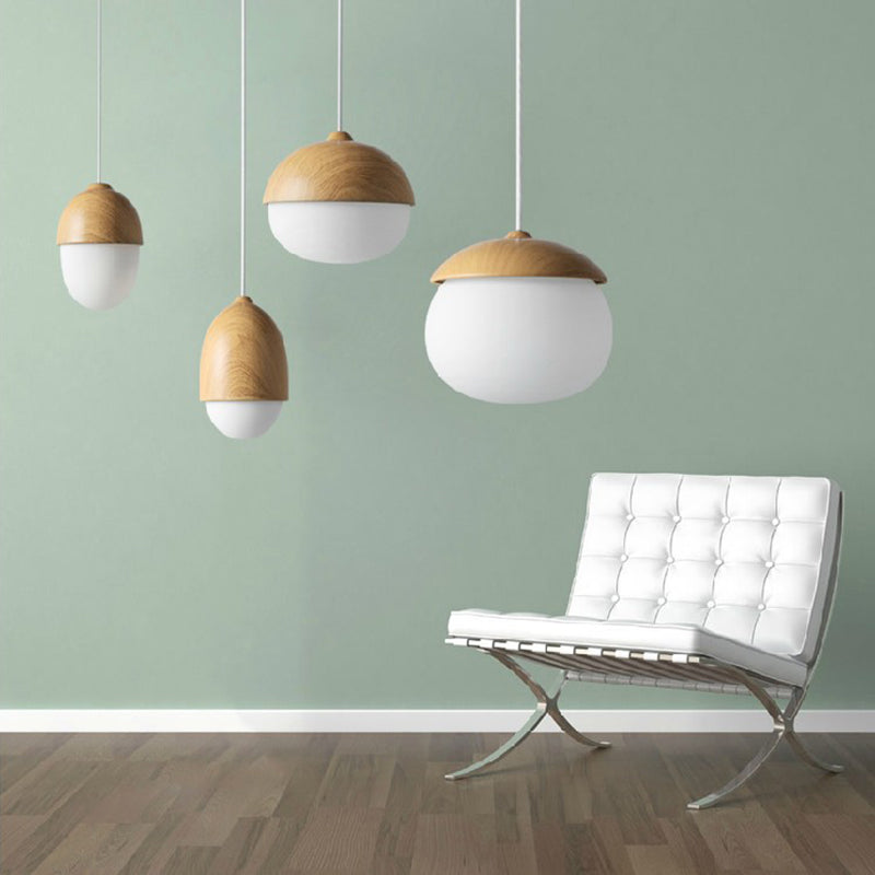 Wood Spherical Pendant Ceiling Light Simplicity Style Hanging Pendant Light in White