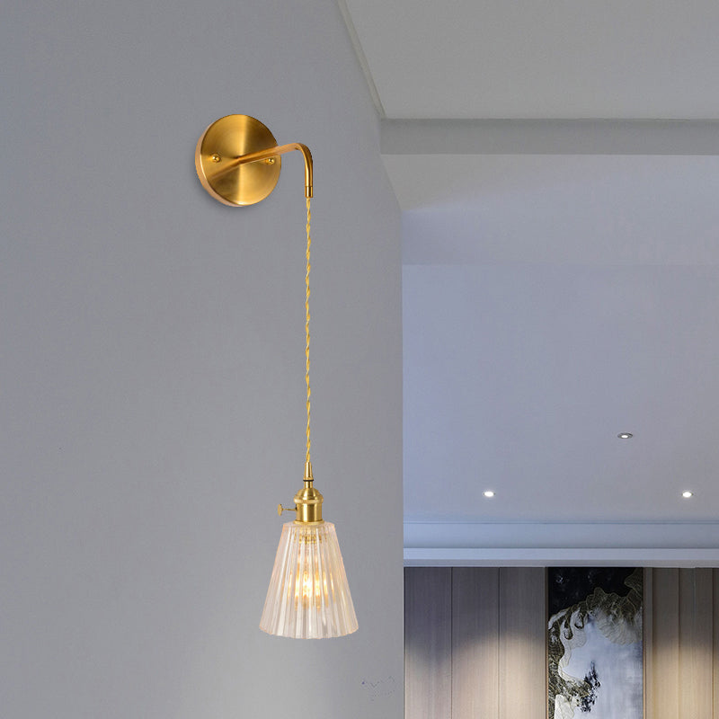 Gold 1 Head Wall Mounted Light Minimalism Clear Ribbed Glass Barrel/Bell/Drum Wall Lighting Fixture
