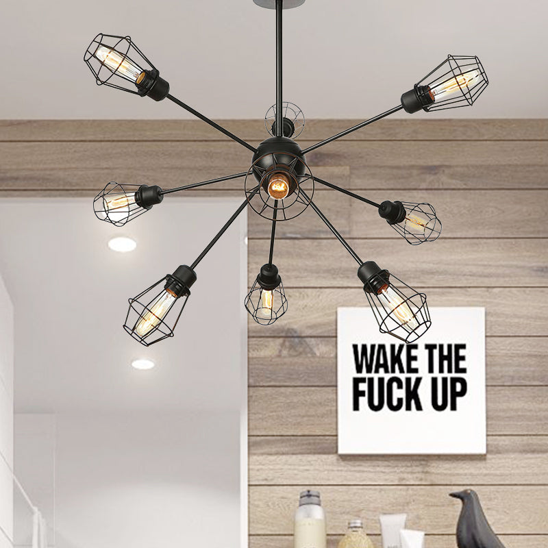 9/12/15 Lights Restaurant Chandelier Pendant Light Farmhouse Style Black Ceiling Lamp with Cage Metal Shade