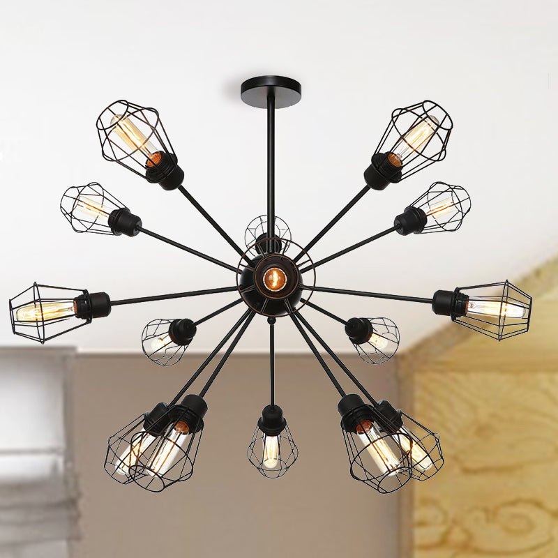 9/12/15 Lights Restaurant Chandelier Pendant Light Farmhouse Style Black Ceiling Lamp with Cage Metal Shade