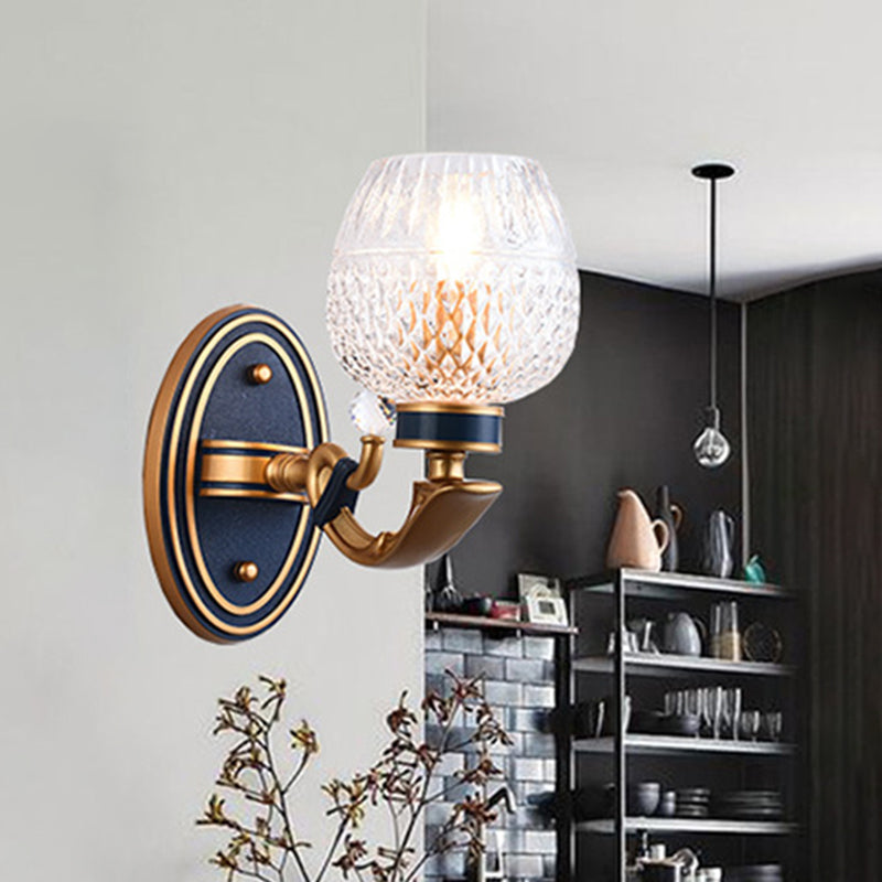 Traditionalist Bowl Wall Sconce Light 1/2 Bulbs Lattice Glass LED Wall Mounted Lamp in Brass for Bedroom