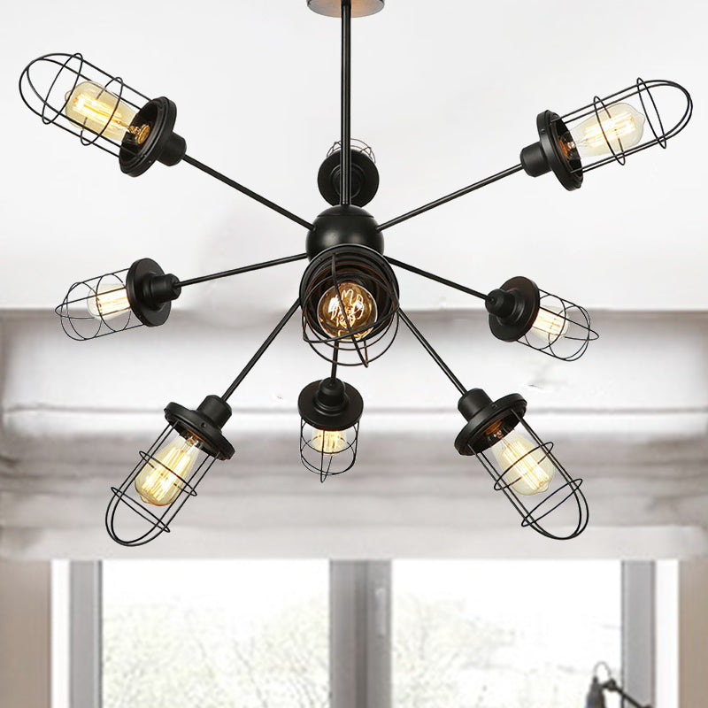 Caged Chandelier Lamp Farmhouse Style Iron 9/12/15 Lights Black Finish Hanging Ceiling Fixture with Sputnik Design