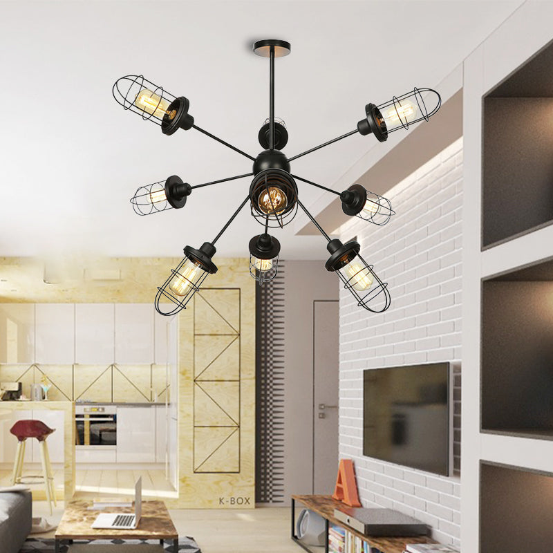 Caged Chandelier Lamp Farmhouse Style Iron 9/12/15 Lights Black Finish Hanging Ceiling Fixture with Sputnik Design
