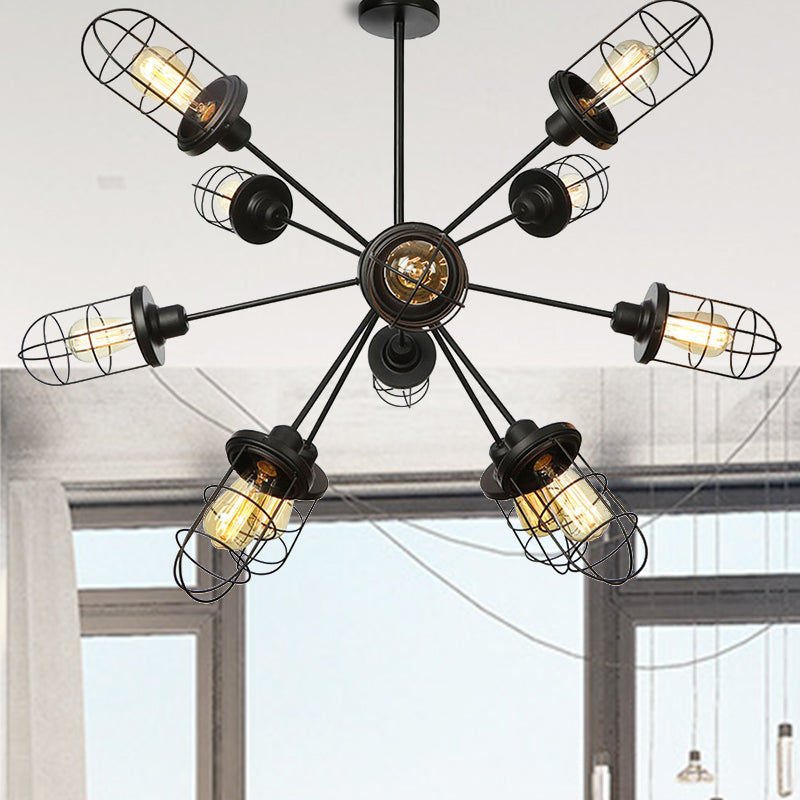 Caged Chandelier Lamp Farmhouse Style Iron 9/12/15 Lights Black Finish Hanging Ceiling Fixture with Sputnik Design