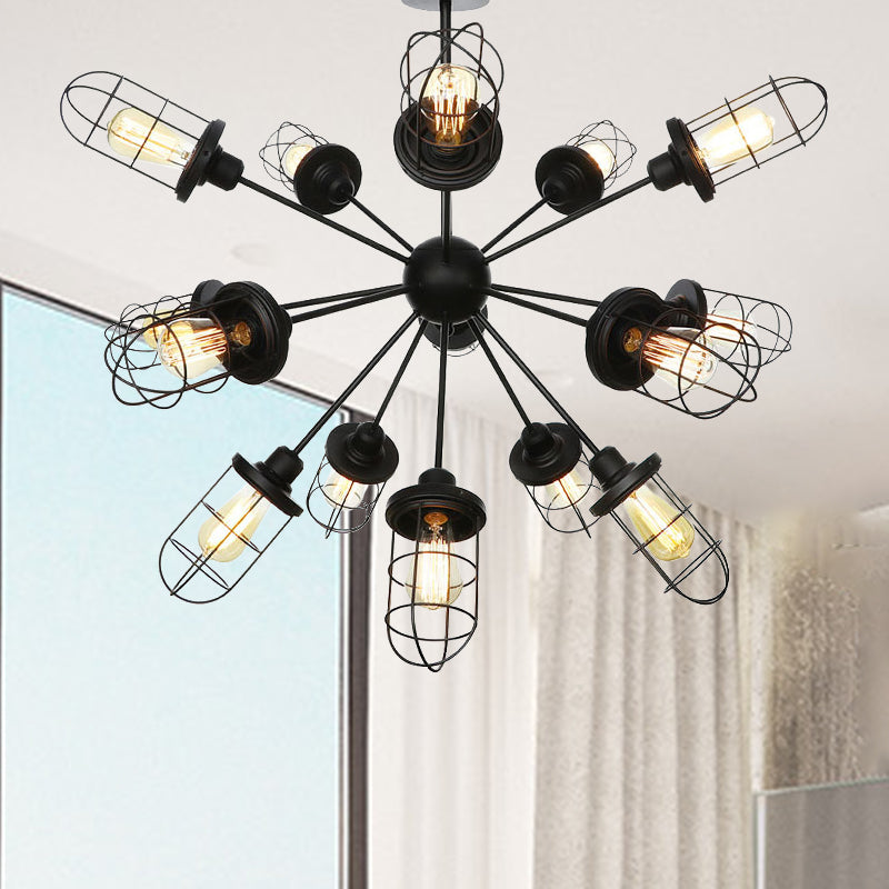 Caged Chandelier Lamp Farmhouse Style Iron 9/12/15 Lights Black Finish Hanging Ceiling Fixture with Sputnik Design