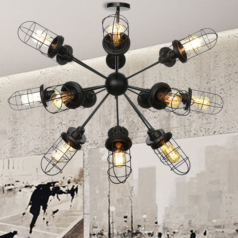 Caged Chandelier Lamp Farmhouse Style Iron 9/12/15 Lights Black Finish Hanging Ceiling Fixture with Sputnik Design