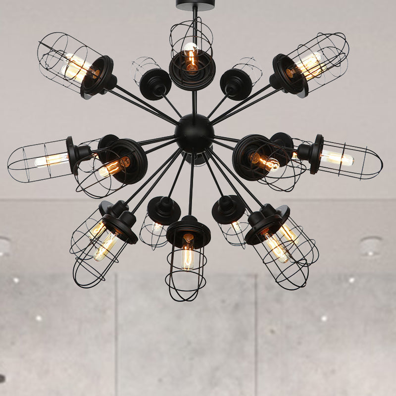 Caged Chandelier Lamp Farmhouse Style Iron 9/12/15 Lights Black Finish Hanging Ceiling Fixture with Sputnik Design