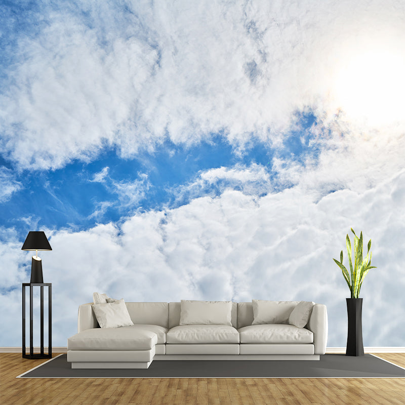 White Cloud and Blue Sky Mural Wallpape for Meeting Room Decor,Moisture Resistant