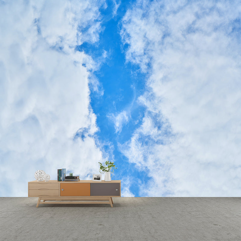 White Cloud and Blue Sky Mural Wallpape for Meeting Room Decor,Moisture Resistant