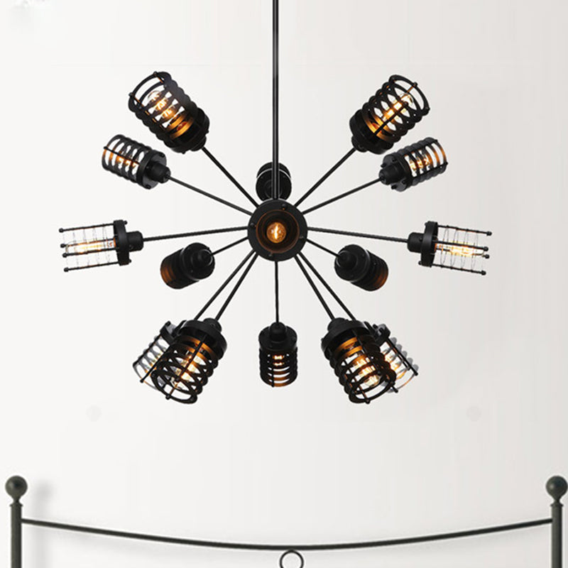 Starburst Schlafzimmer Kronleuchter Leuchtmetall 9/12/15 Köpfe Vintage Hanging Lighting mit Zylinderrahmenschatten in Schwarz