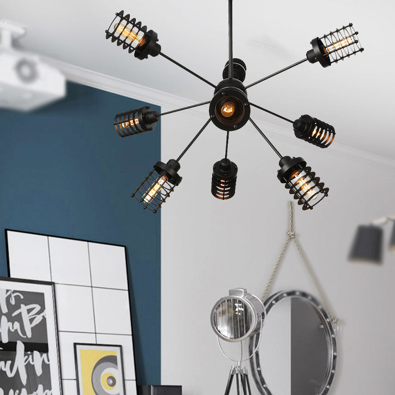 Starburst Schlafzimmer Kronleuchter Leuchtmetall 9/12/15 Köpfe Vintage Hanging Lighting mit Zylinderrahmenschatten in Schwarz