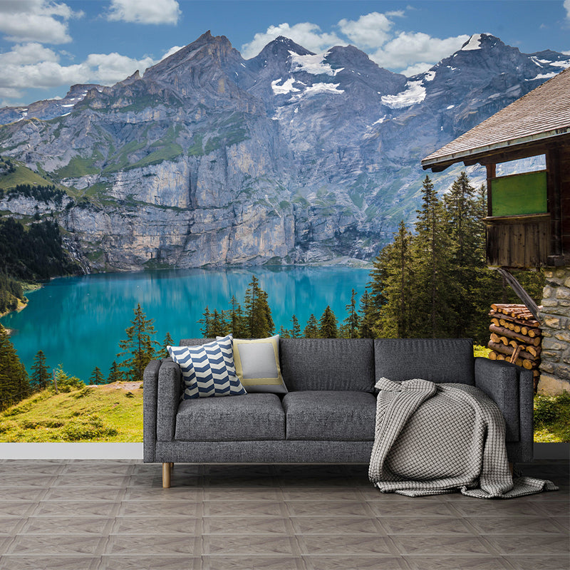 Contemporary Mountain and Lake Mural Horizontal Photography Wall Covering for Living Room