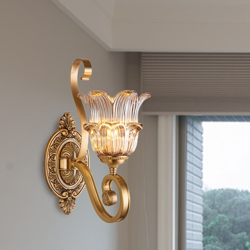 Brass Floral Sconce Light Fixture Vintage Clear Prismatic Glass 1/2 Lights Living Room LED Wall Mounted Lamp
