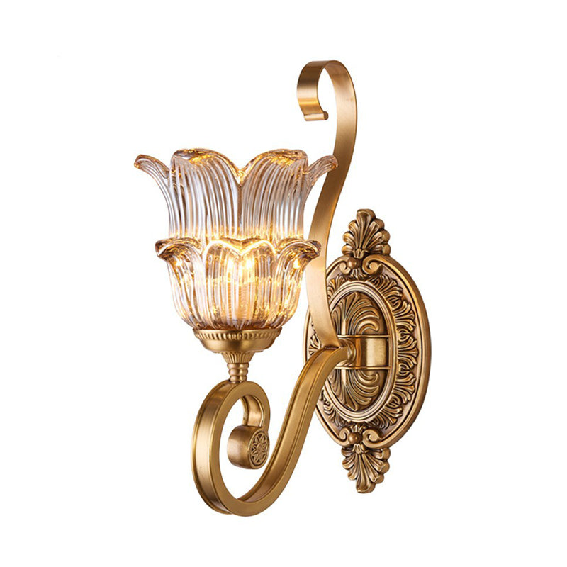 Brass Floral Sconce Light Fixture Vintage Clear Prismatic Glass 1/2 Lights Living Room LED Wall Mounted Lamp