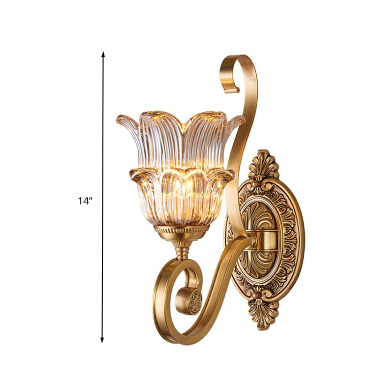 Brass Floral Sconce Light Fixture Vintage Clear Prismatic Glass 1/2 Lights Living Room LED Wall Mounted Lamp