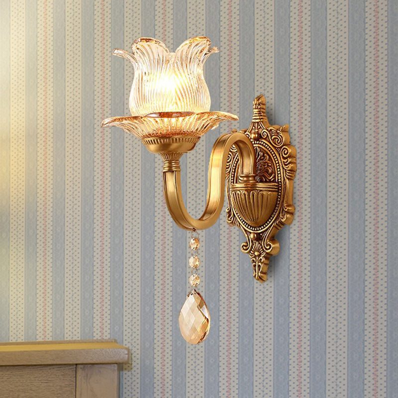 Brass Floral Sconce Light Fixture Vintage Clear Prismatic Glass 1/2 Lights Living Room LED Wall Mounted Lamp