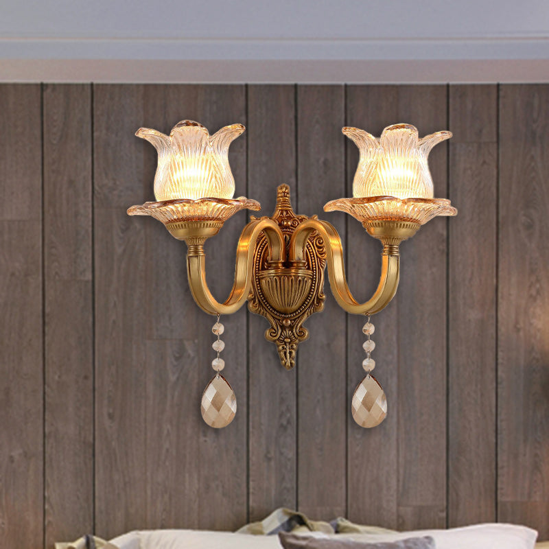 Brass Floral Sconce Light Fixture Vintage Clear Prismatic Glass 1/2 Lights Living Room LED Wall Mounted Lamp