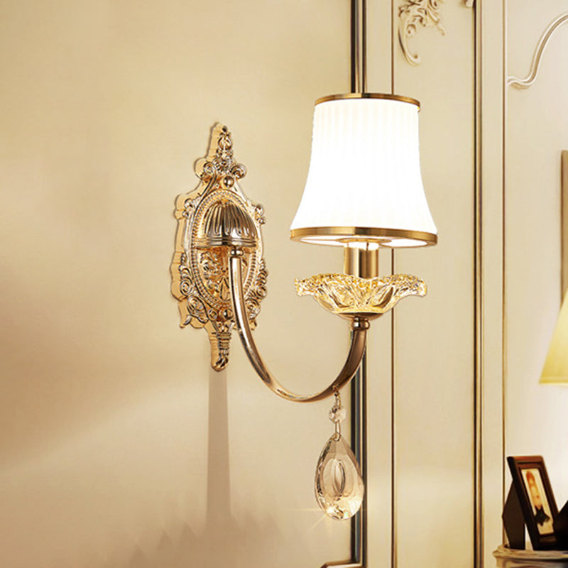 1/2-Light Flared Wall Light Sconce Traditionalism Brass Frosted White Glass Wall Lighting Fixture with Crystal Draping