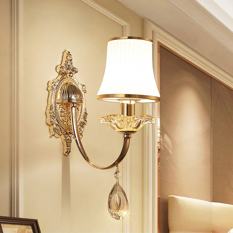 1/2-Light Flared Wall Light Sconce Traditionalism Brass Frosted White Glass Wall Lighting Fixture with Crystal Draping