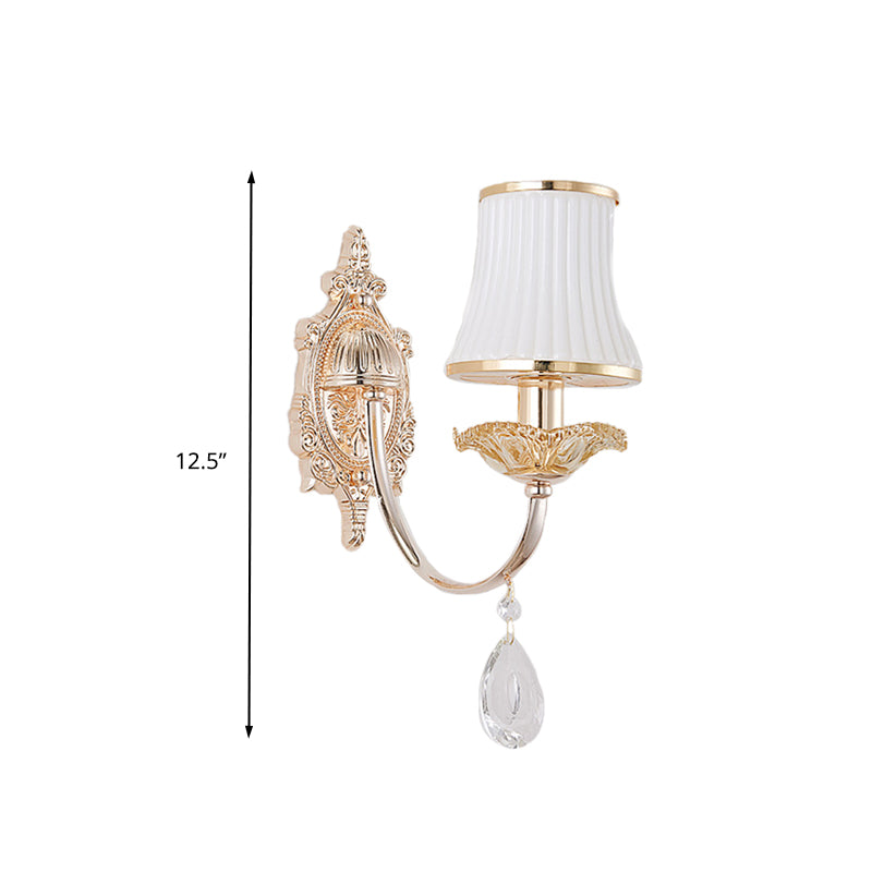 1/2-Light Flared Wall Light Sconce Traditionalism Brass Frosted White Glass Wall Lighting Fixture with Crystal Draping
