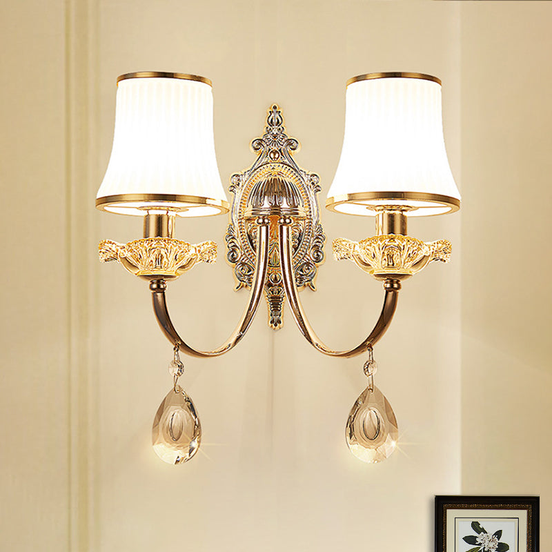 1/2-Light Flared Wall Light Sconce Traditionalism Brass Frosted White Glass Wall Lighting Fixture with Crystal Draping
